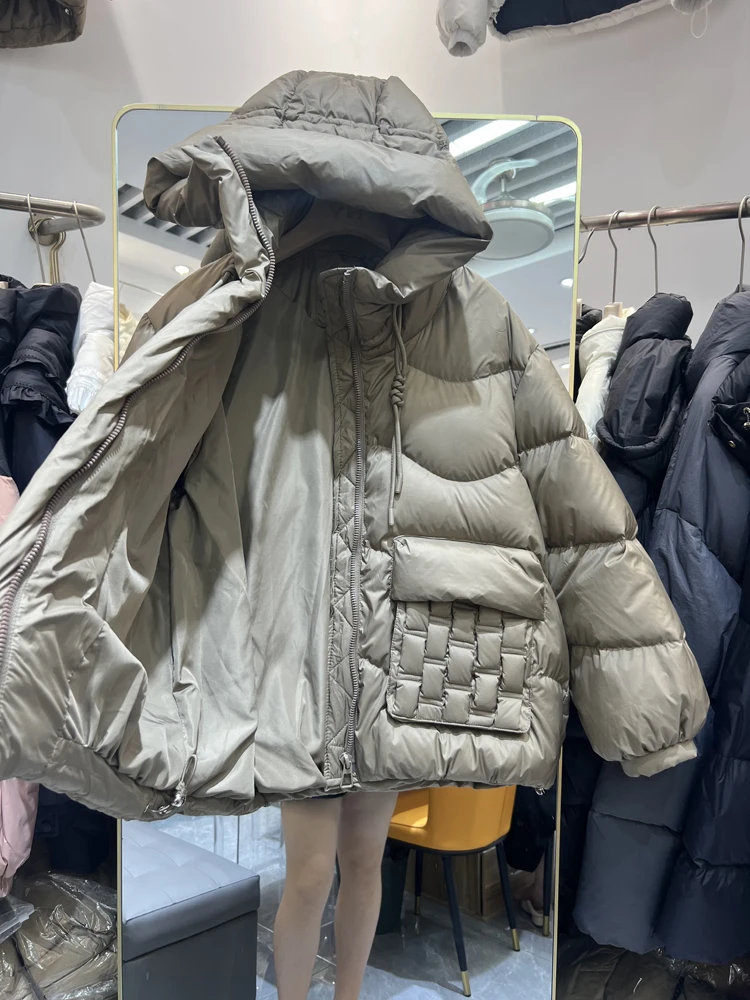 FTLZZ Winter Women Hooded Zipper Puffer Parka Outwear Female Solid Thick Warm White Duck Down Coat