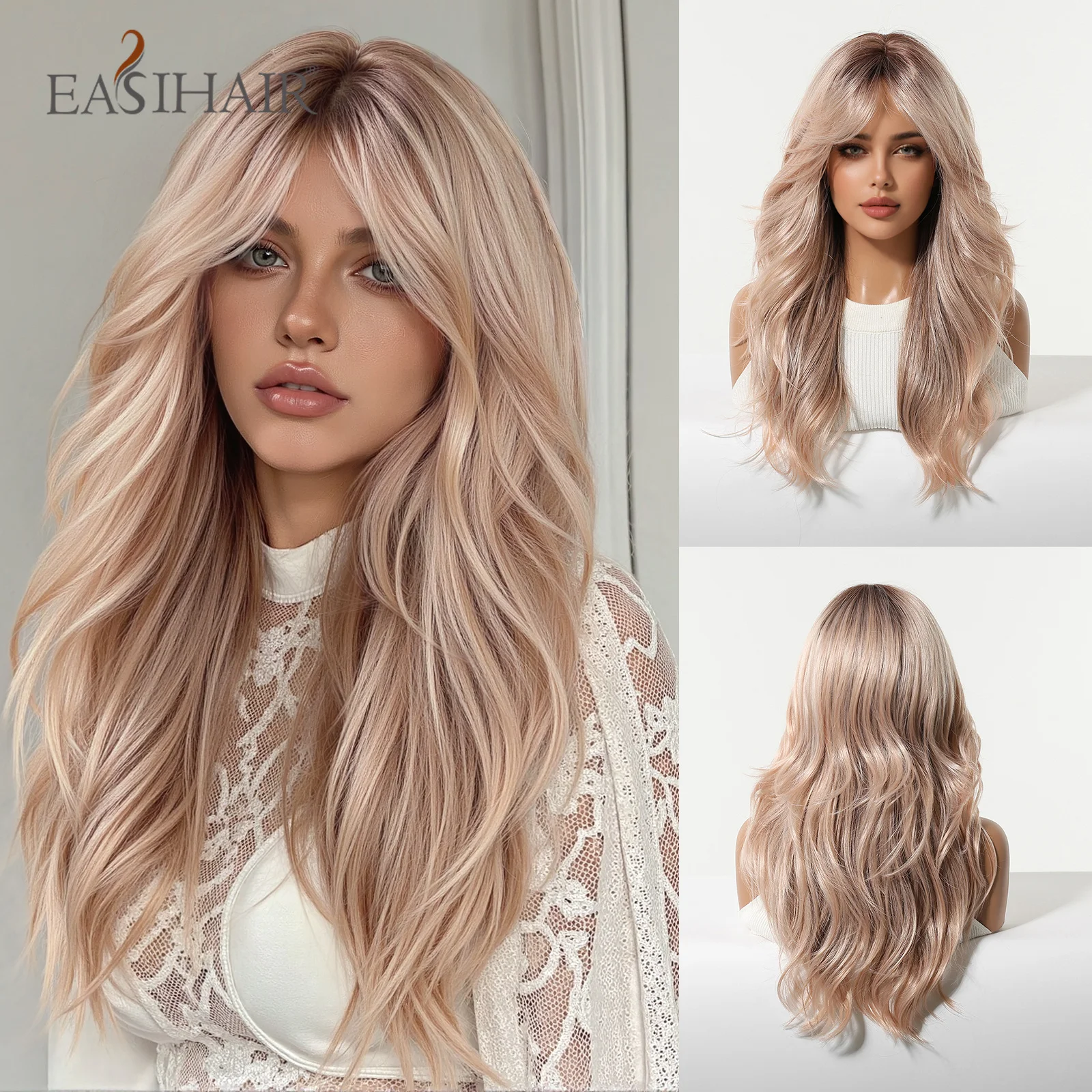 Rose Blonde Ombre Brown Long Natural Wave Synthetic Wigs with Bangs for Women Heat Resistant Daily Cosplay Party Hairs Wig Use