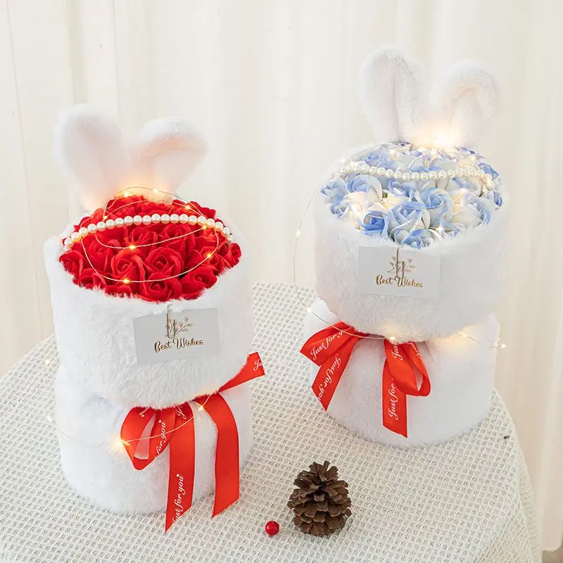 Rabbit Ear Plush Rose Bundle Artificial Flower Soap Flower Holiday Gift Home Decoration Wedding Scene Flower Bundle Decoration