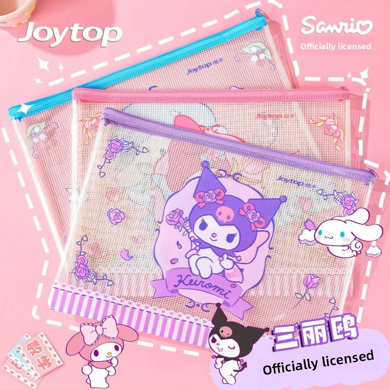 Kuromi A4 Zipper File Bag Mesh Document Pouch Transparent Subject Organizer for Exam Papers School Supplies Storage Sanrio Cute