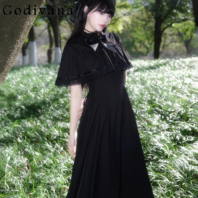 여성 로리타 스타일 블랙 드레스 프랑스어 레트로 여름 우아한 드레스 여성 봄 달콤한 허리 조이는 레이스 롱 드레스