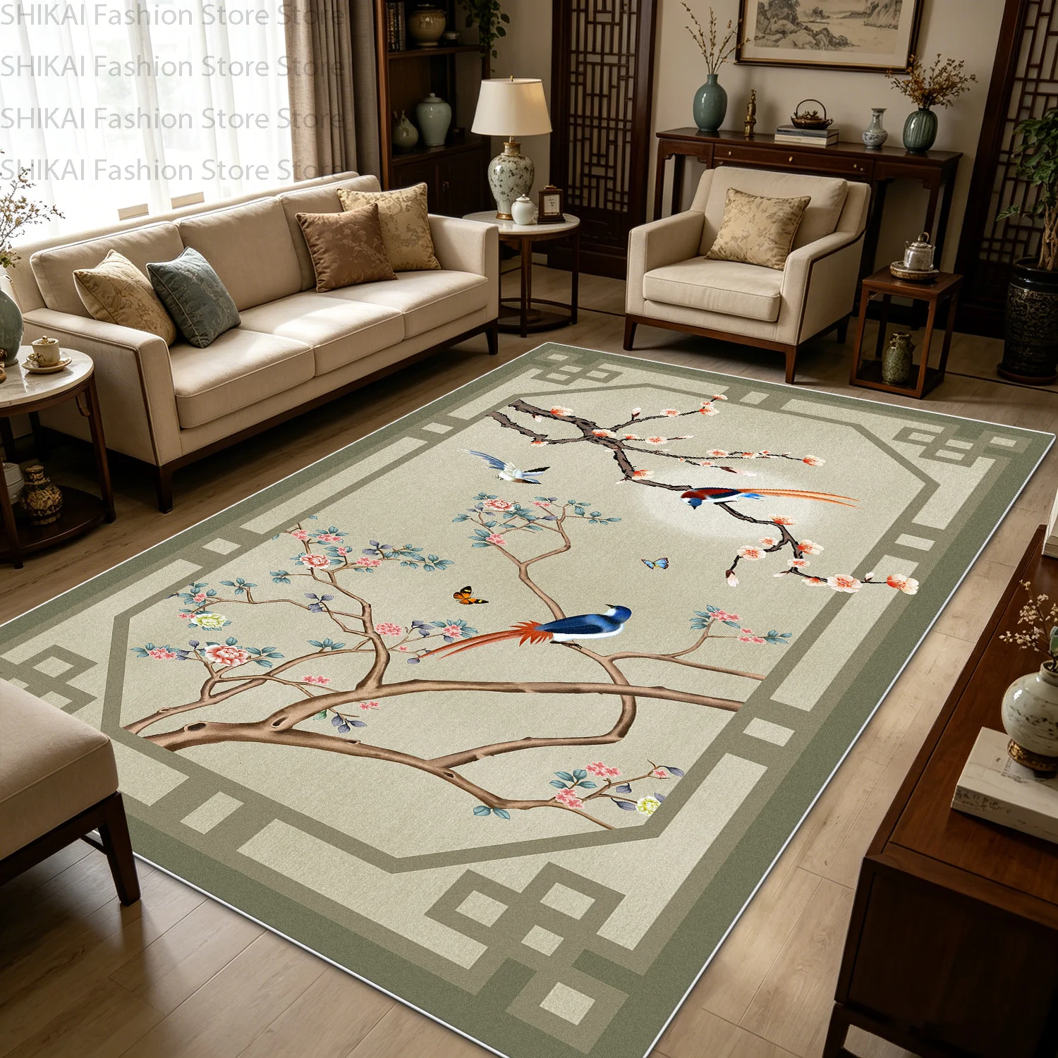 New Chinese Style Bird Flower Ink Wash Painting Living Room Carpet Antiskid Soft Foldable Garden Rug Fluffy Washable Patio Mat