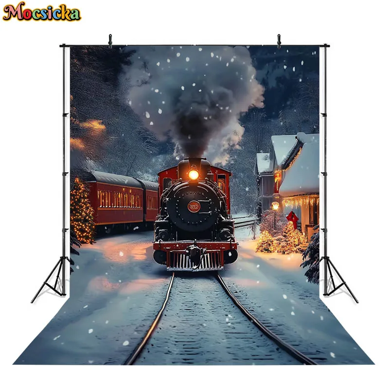 Mocsicka クリスマストレイン背景写真機関車ハウスギフト冬雪の木の装飾子供ベビー背景写真スタジオ
