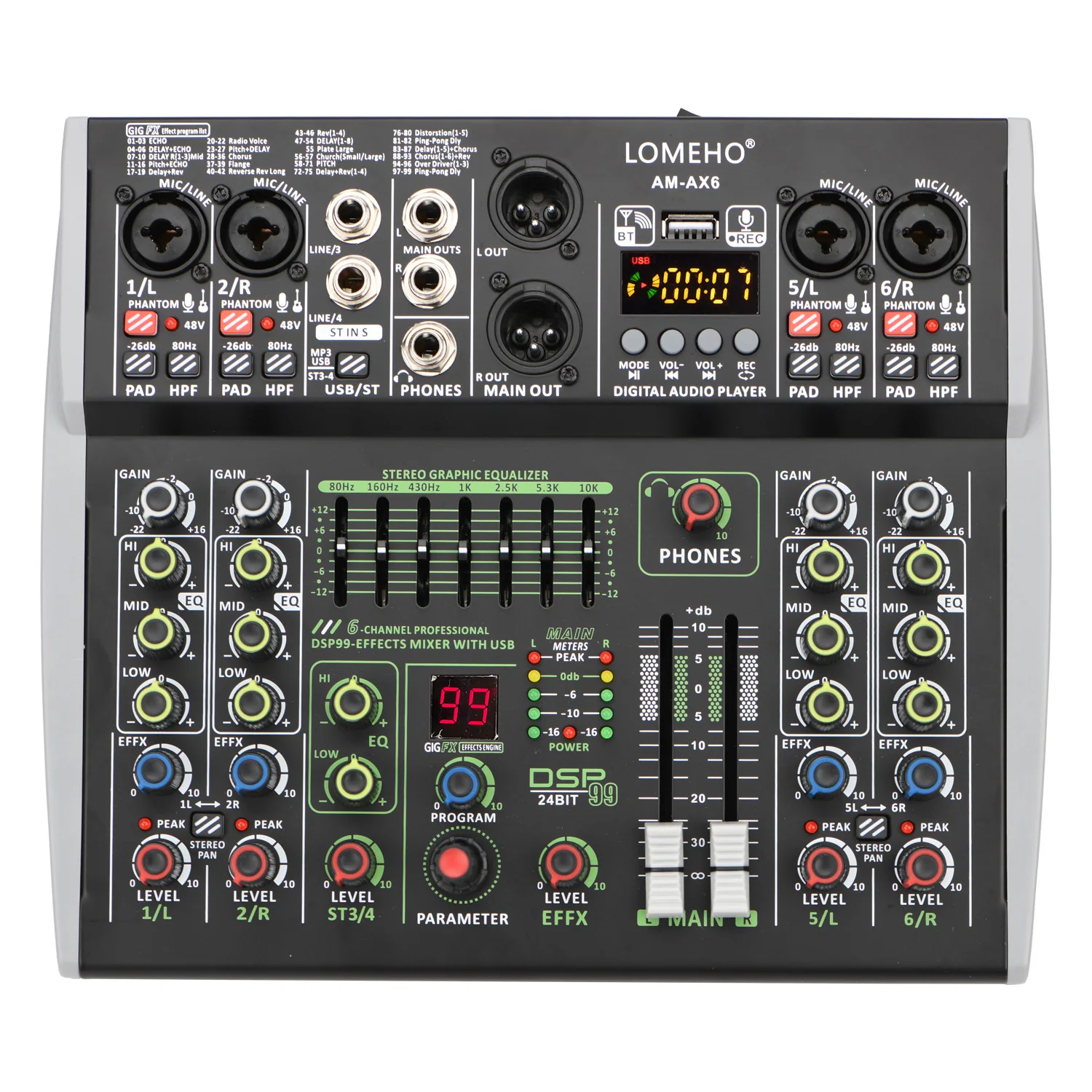 LOMEHO 6 Channel Mixing Console Bluetooth 7 Band EQ Audio Sound Mixer 48V 99 DSP Effects Professional USB PC Karaoke AM-AX6