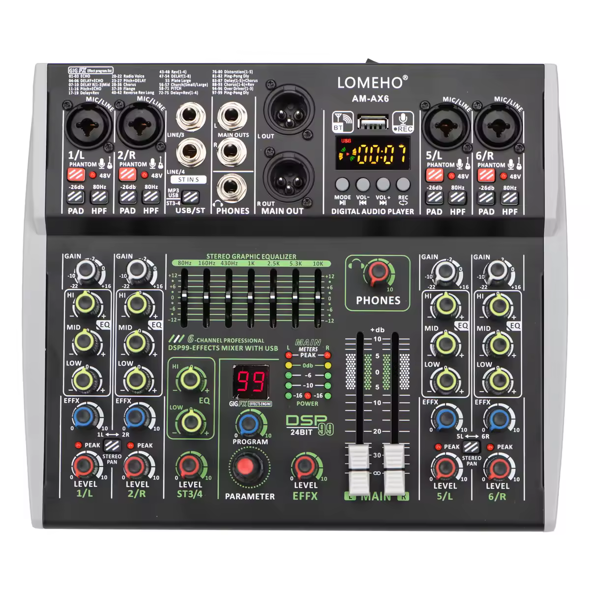 Consola de Mezclas Lomeho de 6 Canales con Bluetooth, Ecualizador de 7 Bandas, Mezclador de Audio, 48V, 99 Efectos DSP, USB Profesional para PC, Karaoke AM-AX6