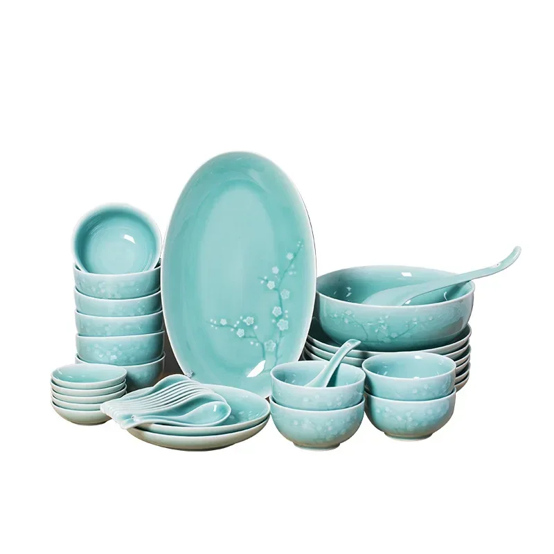 Celadon complete set of tableware, dish set, household ceramic high-value noodle soup bowl combination