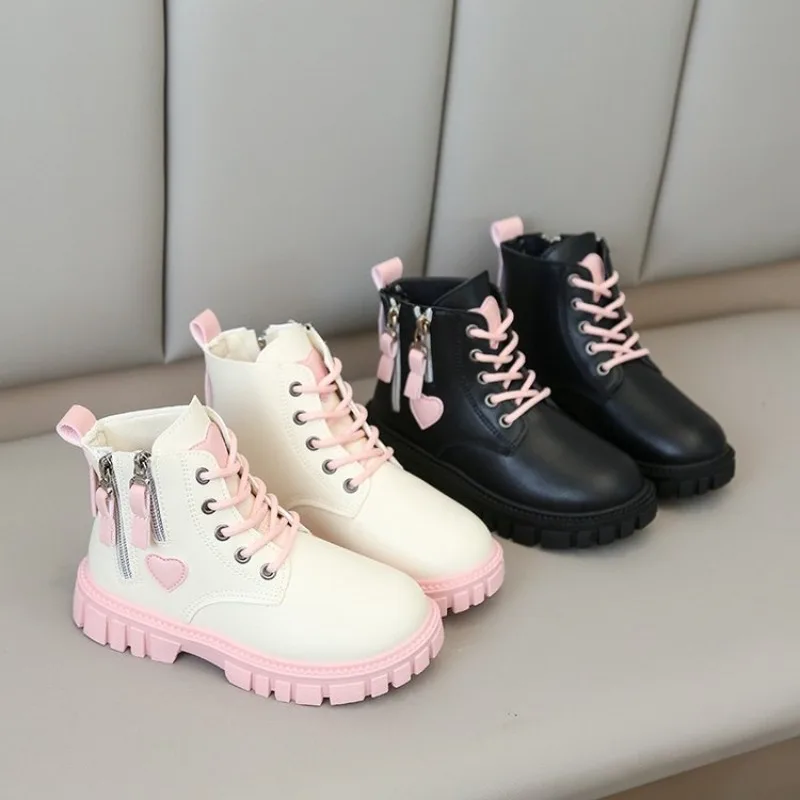 Girls Boots Kids Fashion Rubber Boots Cool Girl Autumn and Winter Cotton Soft Sole Pink with Love Side Zip Princess Round-toe PU