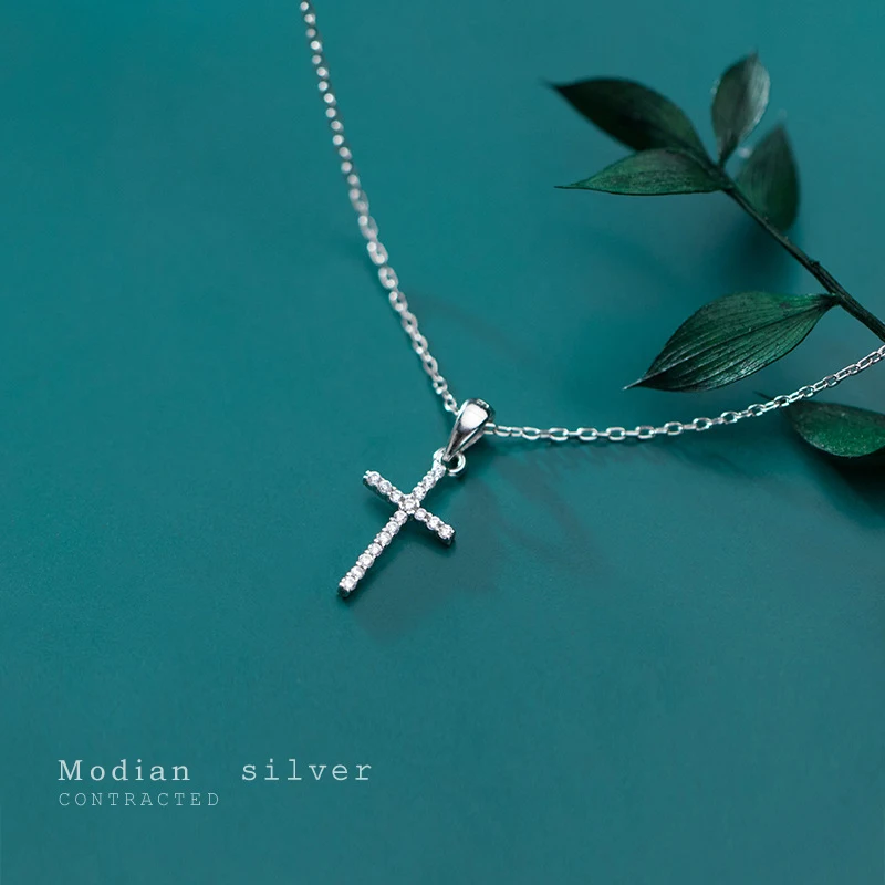 Modian Dazzling Zircon Luxury Cross Pendant Necklace Real 925 Sterling Silver for Women Link Chain Necklace Fashion Jewelry