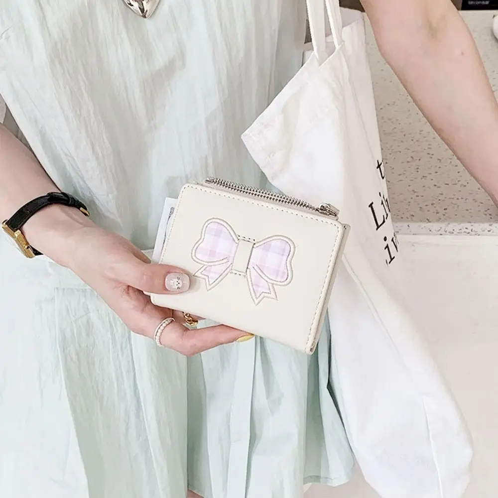 

Fashion Short Women's Wallet Heart Bow Fold Wallet Plaid Hasp Clutch Purse Card Holder