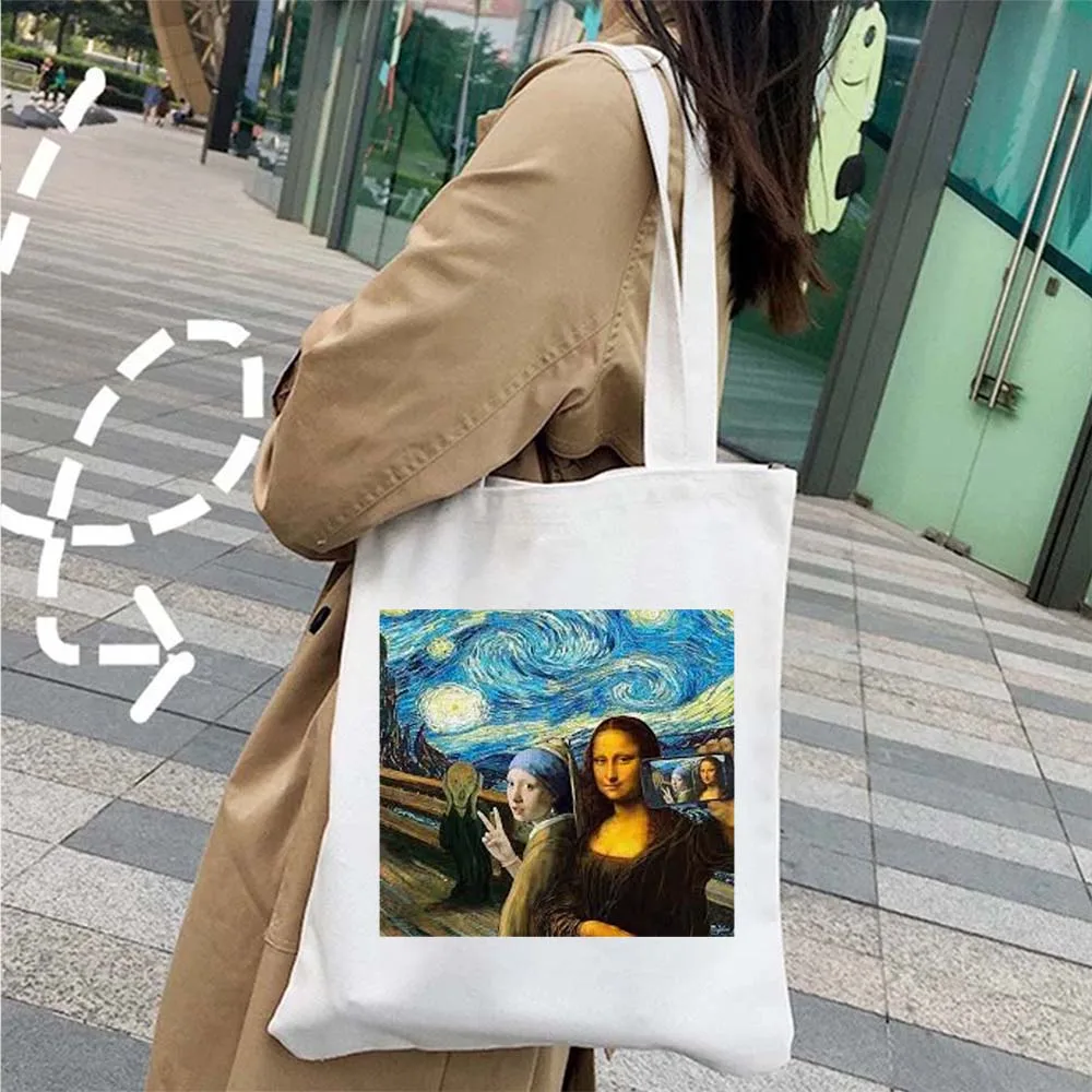 Famous Paintings Shopper Harajuku Canvas Tote Bag Smile Monalisa Van Gogh Heaven Virgin Mary Shopping Bags Oil Painting Handbags