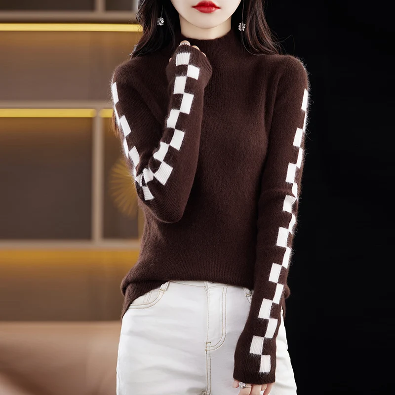 Fall/Winter  new women's color matching slim half-neck fashion sweater 100% mink velvet knit pullover top