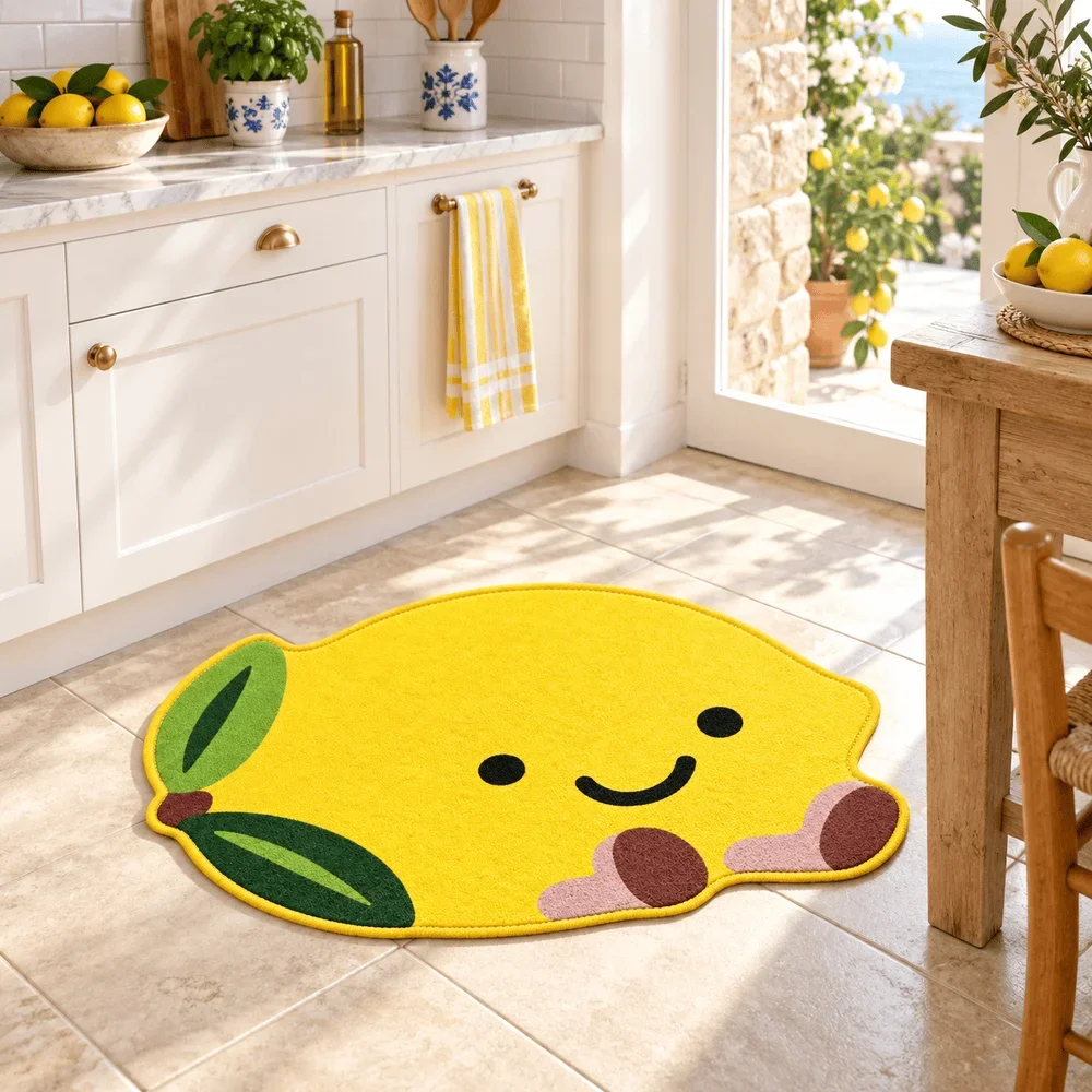 Cute Lemon Shaped Area Rug Soft Flannel Non Slip Floor Mat For Kitchen Kids Bedroom Nursery Playroom Home Decor Fruit Gift