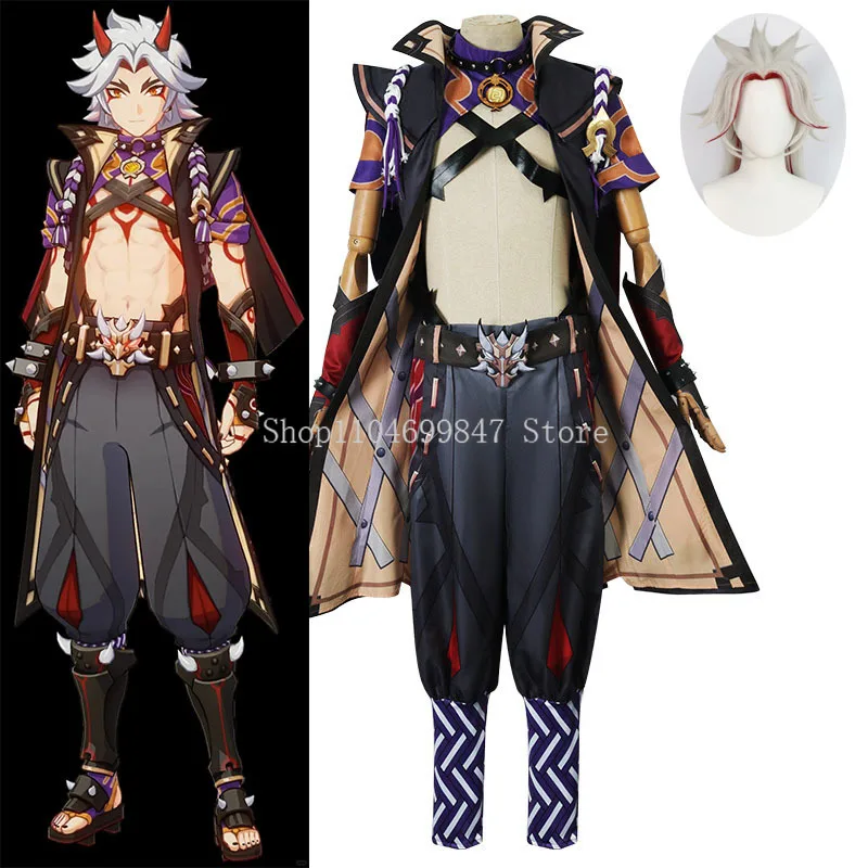 

GENSHIN IMPACT Arataki Itto Kostum Cosplay Costume Game Set Wig AnimeHorned Headpiece Halloween Carnival Party Adult Costumes