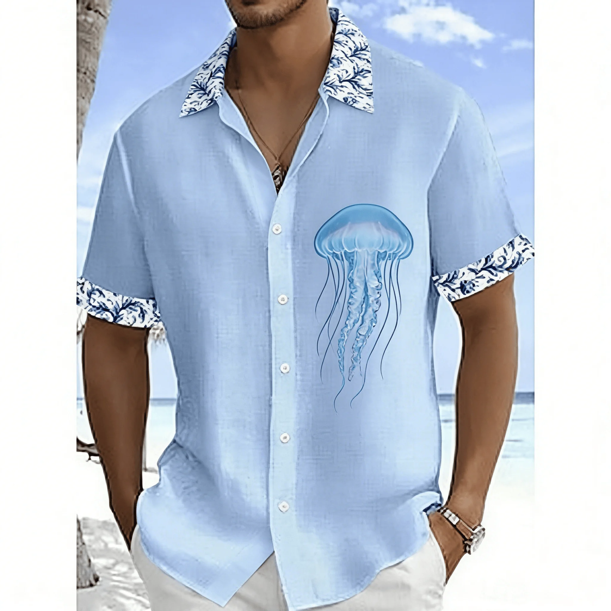 

Men's Light Blue Print Short Sleeve Shirt, Spring Summer Ocean Vacation Casual Top, Pocket Blue And White Lapel Style