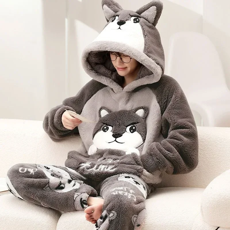 Autumn Winter Homewear Coral Fleece Men Pajamas Thick Fur Flannel Cartoon Boy Loungewear Sets Plus-size Nightgown Suit Pyjamas