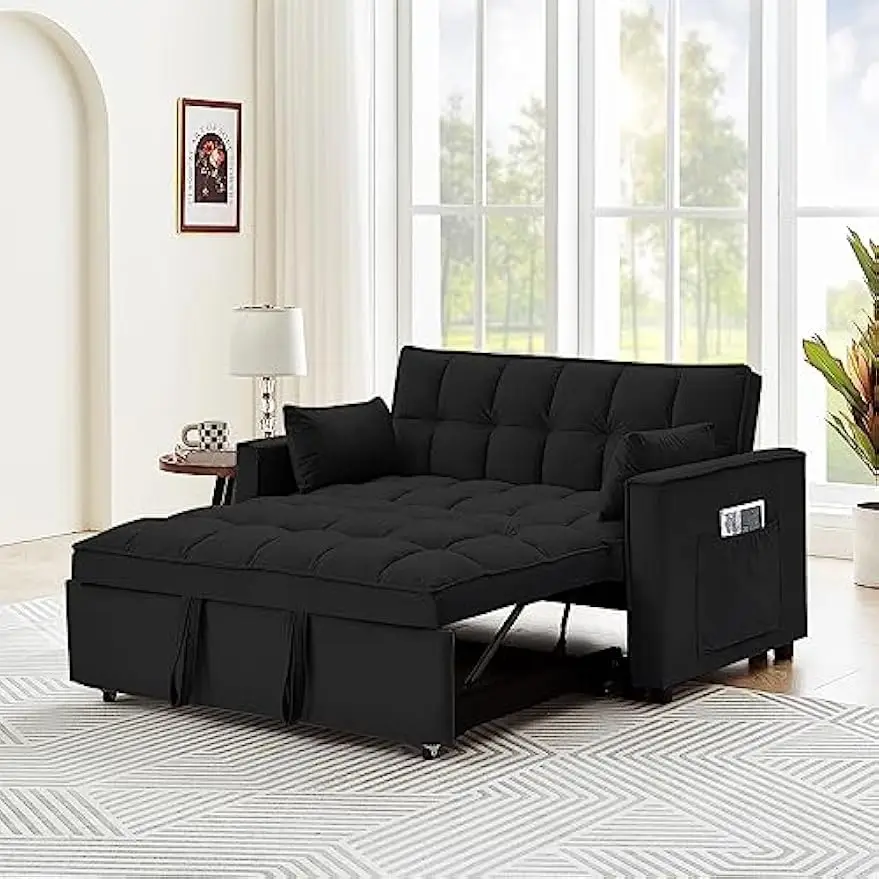 

Convertible Futon Sofa Bed, Fluffy Velvet Loveseat Sofa Cama, Foldable Lounge Sleeper Sofa with Pullout Bed, Small Couch