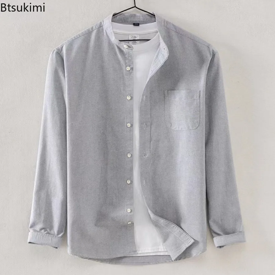New Men's 100% Cotton Stand Collar Shirt All-match Long Sleeve Tops 2025 Spring Autumn Solid Casual Shirt Jacket Male Streetwear