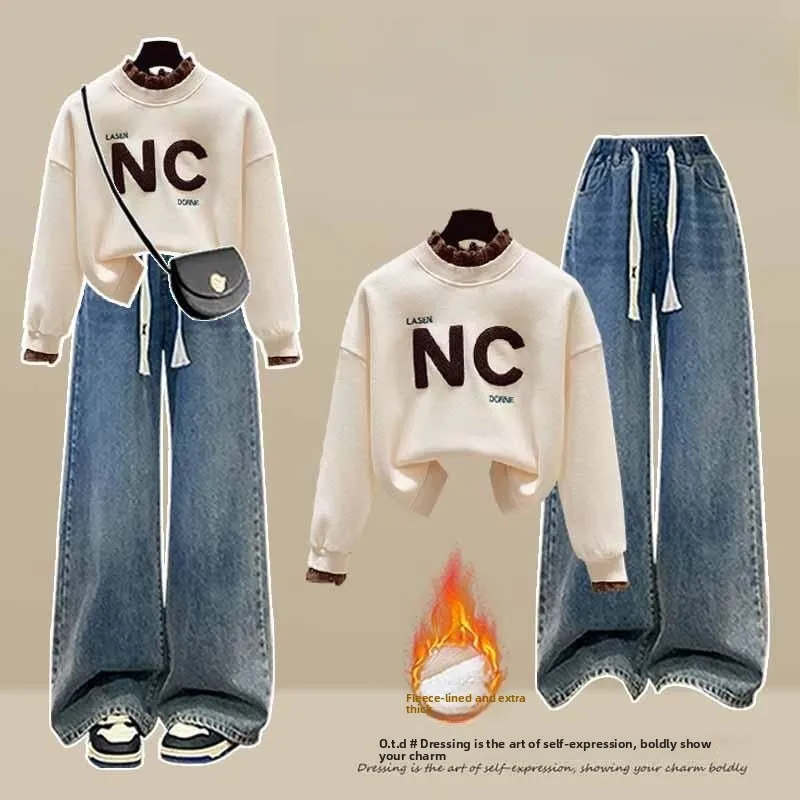 Elegante Completo Autunno Inverno con Felpa Foderata e Jeans a Vita Elastica per Ragazze Adolescenti Bellissimo Set per Studentesse...