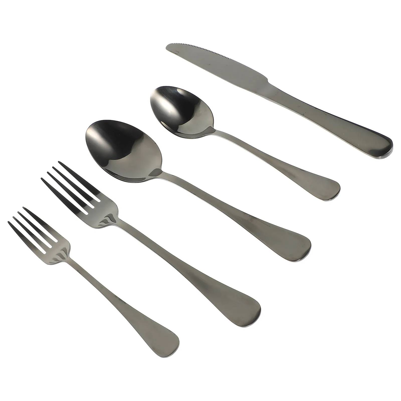 

Набор столовых приборов из полированной нержавеющей стали: вилка, ложка, нож для стейка. Незаменимые кухонные принадлежности.