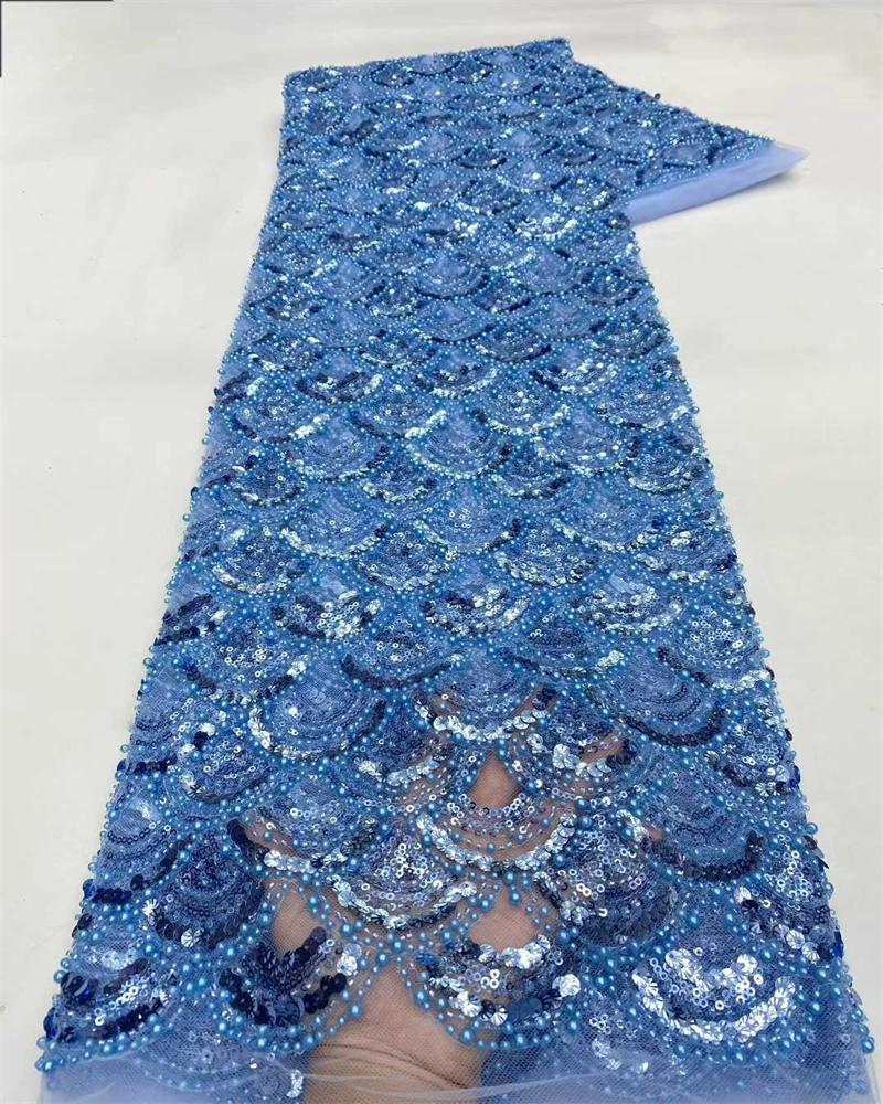 

Latest African Sequins Lace Fabric High Quality Lace Embroidery Beaded Mesh Fabric 5 Yards For Women Wedding Party Dress