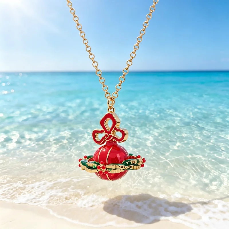 925 Silver Classic Wreath Red Paint Christmas Gift Saturn Necklace Pendant Female Gift
