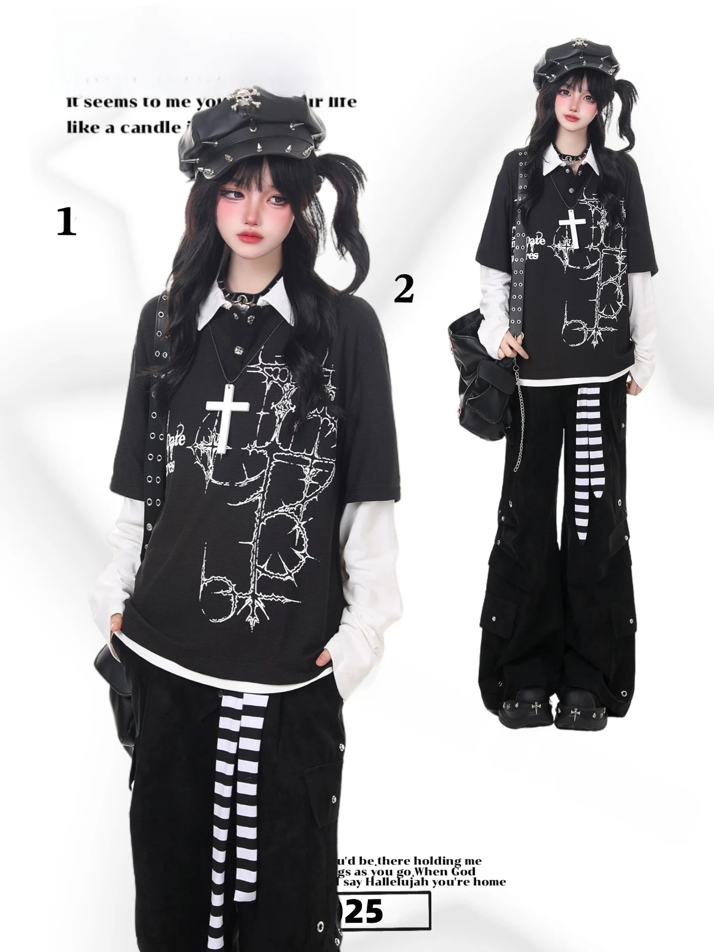 Punk Cross Print Long Sleeve T-Shirt  Collar Fake Two-Piece Top Creative Casual Loose Fit Female Fashion Dark Series