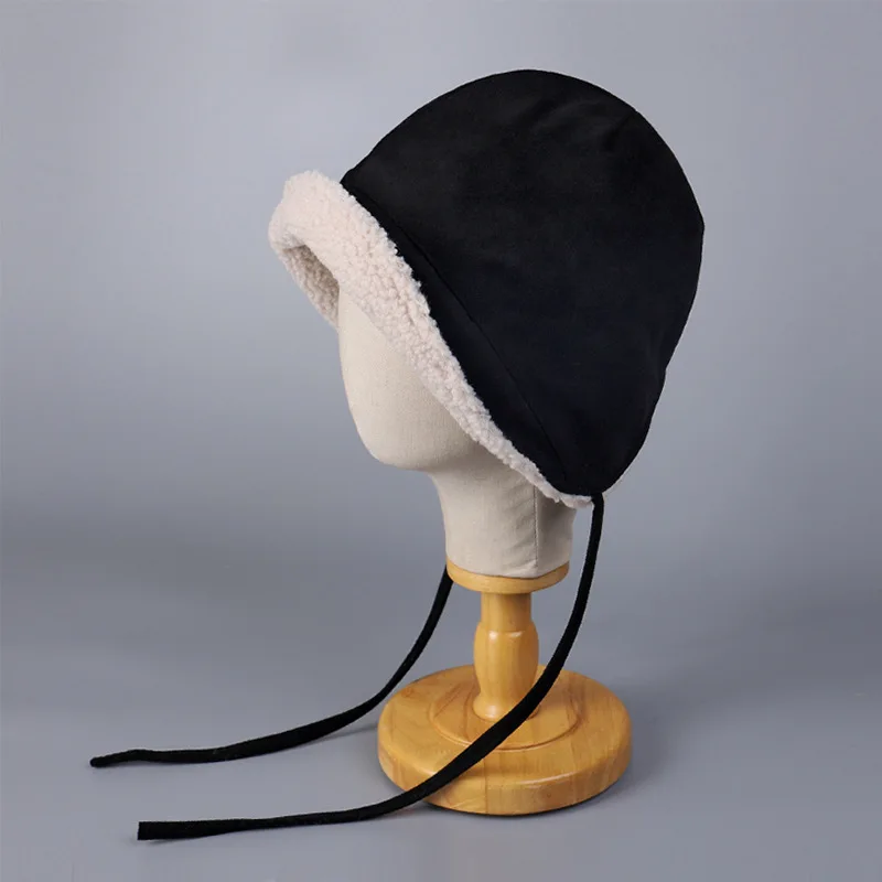 الكورية سميكة صوف الضأن منفذها قبعة مع الرجعية تقليد الجلد المدبوغ شريط مخملي الدفء حماية آذان قبعة بحافة دافئة