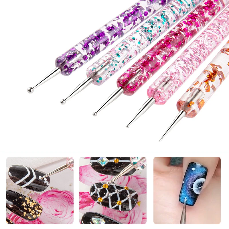 5Pcs Dual-ended Nail Dotting Pen Tool Acrylic Drawing Liner Nail Brush Rhinestones UV Gel Painting Manicure Nail Art Accessoires