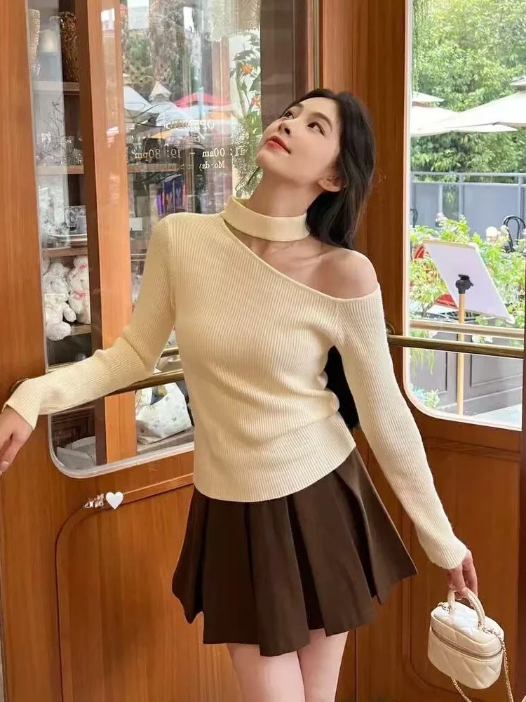 Hangzhou Sijiqing High end Women clothes Guangzhou 3 Lines Top Hanging Neck One-Word Oblique off-Shoulder Knitted Inner wear...