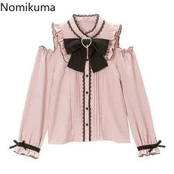 Vintage Blouse for Women Oversized Tops 2023 Blusas Mujer De Moda Stand Neck Off Shoulder Shirts Bow Ruffles Fashion Blouses