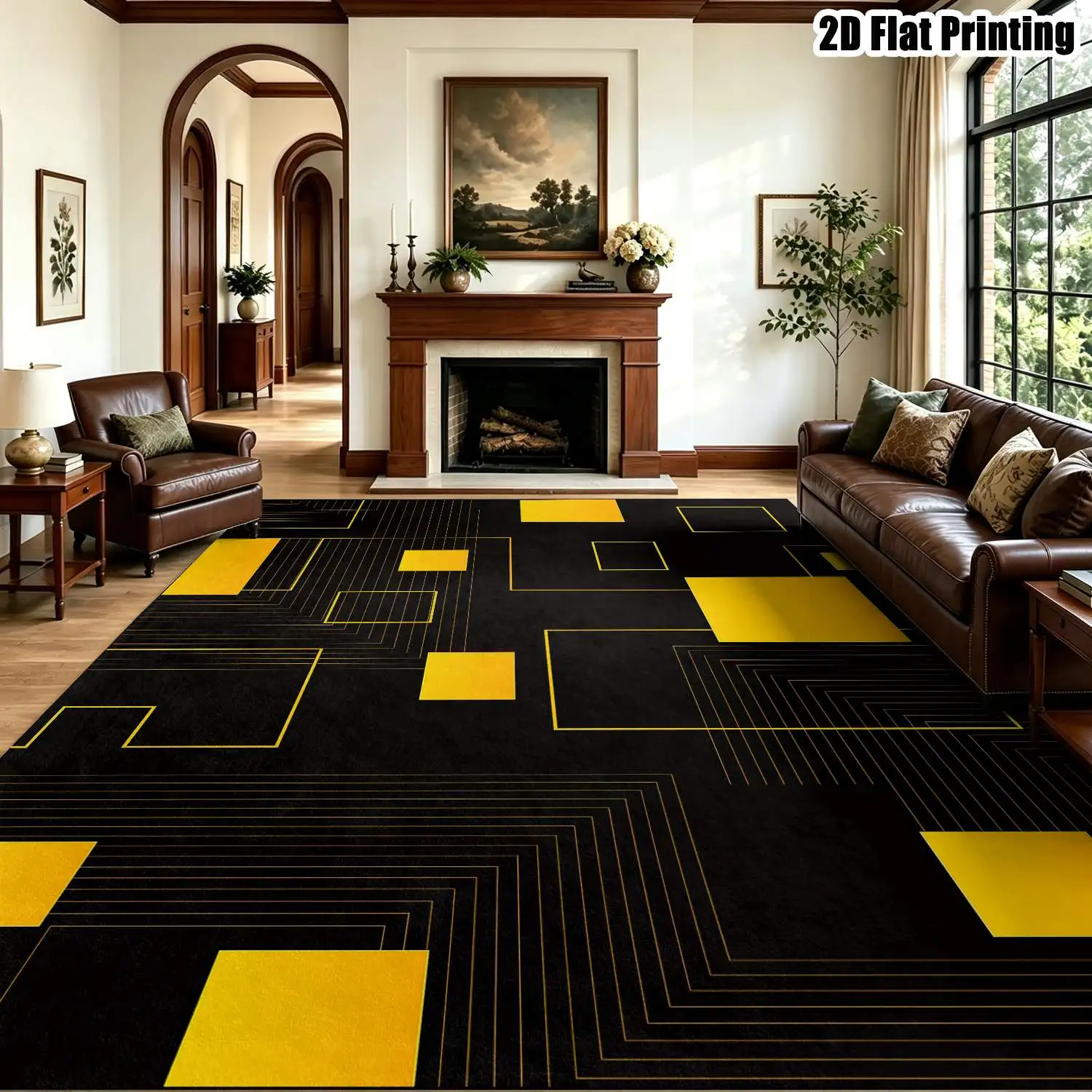 1Pc 2D Printed Black Background Yellow Geometric Pattern Carpet Modern Minimalist, Nordic, Instagram Style, Machine Washable, Multi-Size, Suitable for Living Room, Bedroom, Dining Room, Entrance, Study Home Decor.