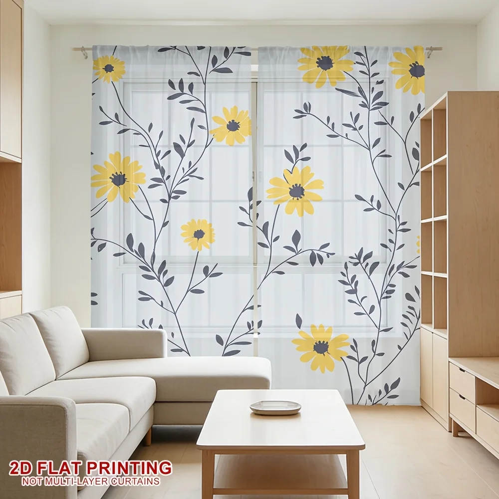 2PCS chrysanthemum pattern printed transparent curtain, filter breathable, suitable for living room, bedroom, kitchen, pole type