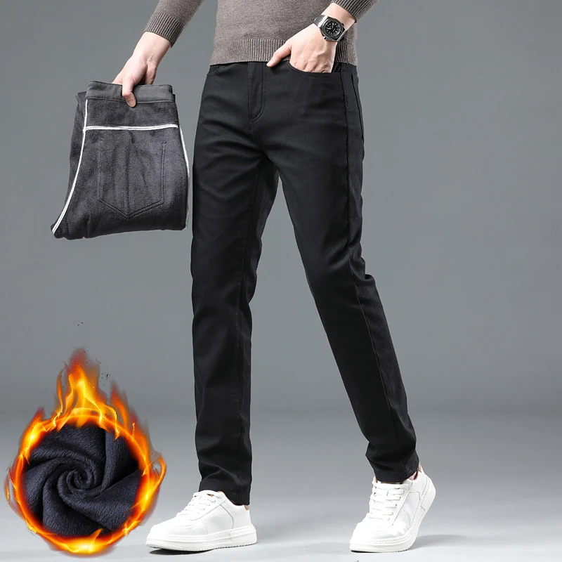 2024 New Winter Fleece Casual Pants Men\'s Straight Slim Thick Warm Male Business Fashion Casual Elastic Comfort Velvet Trousers