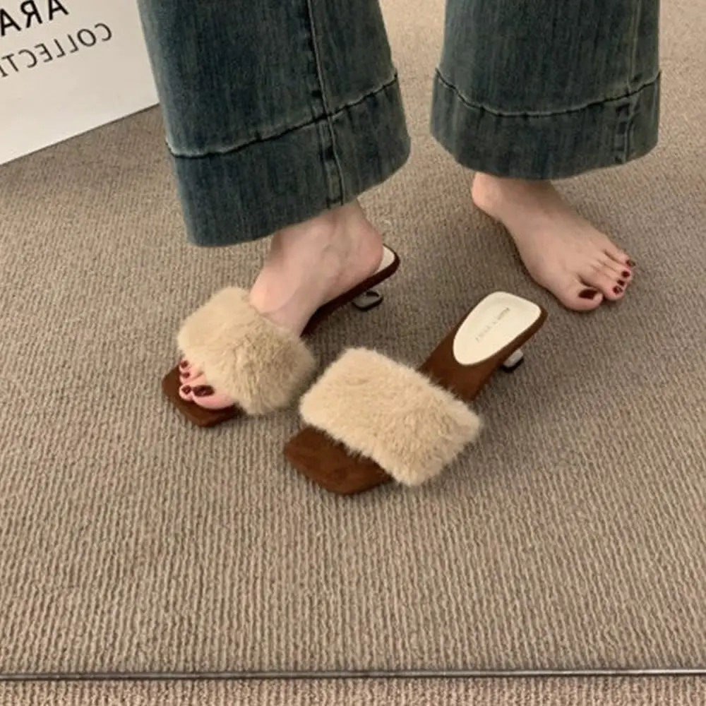 

Fashion Fluffy Slippers Women Autumn Winter New Open Toe Dress Shoes Female Fake Fur Fashion Leopard High Heels Slides Women