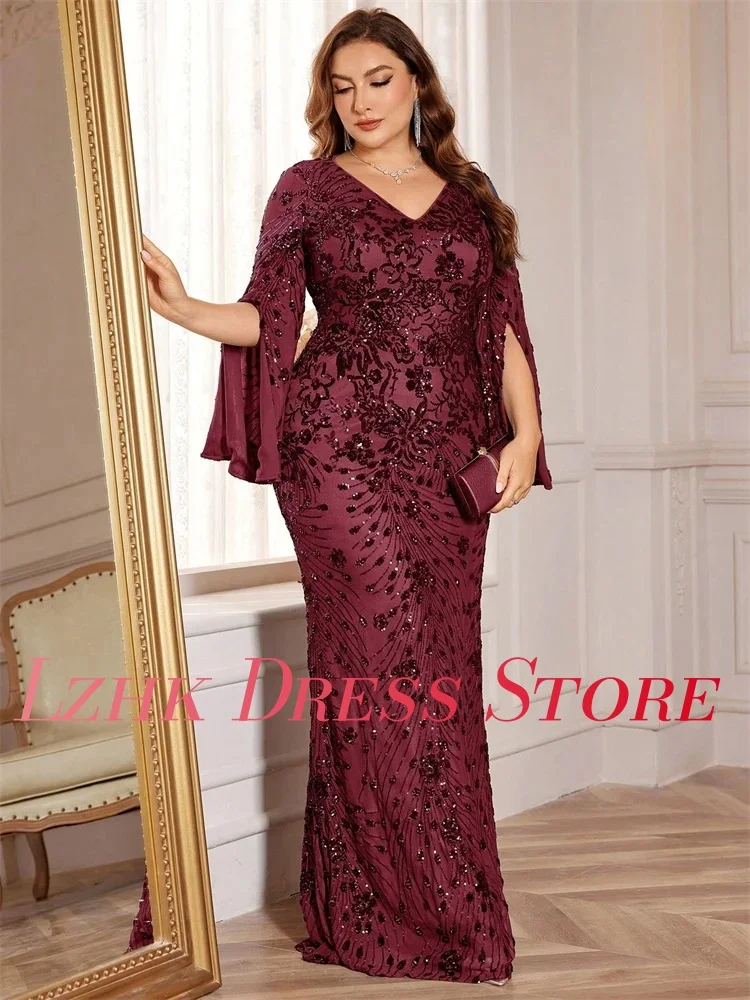 Personalizado luxo jérsei lantejoulas flores sereia vestido de noite temperamento mangas compridas com decote em v até o chão vestidos de celebridades