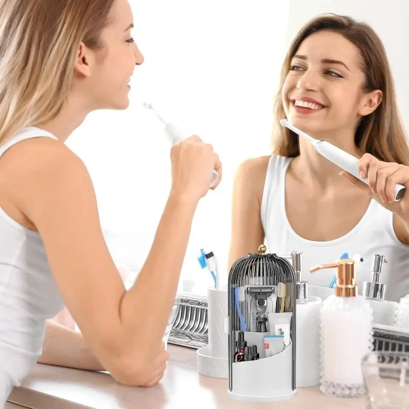 3-Slot Countertop Toothpaste & Electric Toothbrush Organizer Rotatable Design With Sliding Dust Cover Bathroom Storage Holder