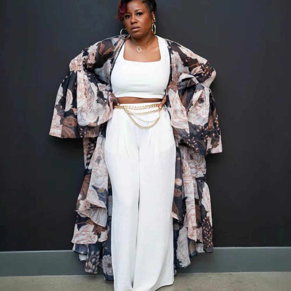 Femmes décontracté plage Protection solaire Long Cardigan printemps automne nouvelles lanternes manches ourlet irrégulier Long imprimé extérieur Cardigan dames