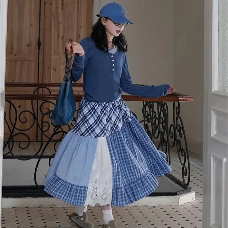 ใหม่ Elegant กระโปรงลายสก๊อตผู้หญิงฤดูร้อนลูกไม้ Patchwork A-Line เอวสูง Ruffled Vintage Midi กระโปรง Contrast สีเสื้อผ้า