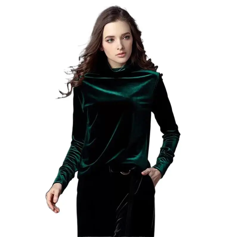 2024 Korean style women Autunm turtleneck velour shirt office lady black green blue Winter velvet Blusas ropa para mujer shirts