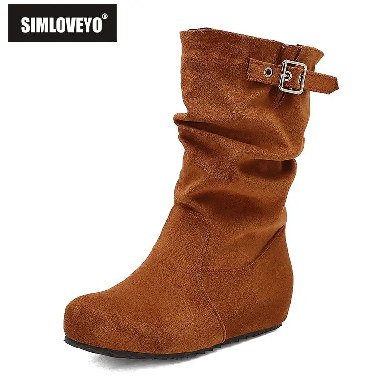 

SIMLOVEYO2025 New Flock Suede Mid Calf Boots Women Round Toe 4cm Increased Heel Slip On Big Size 41 42 43 Pleated Boot Autumn