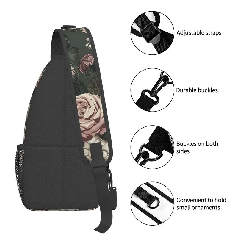 Vintage rosas delicadas padrão Sling peito saco personalizado flor Floral ombro Crossbody mochila para homens viagens caminhadas Daypack