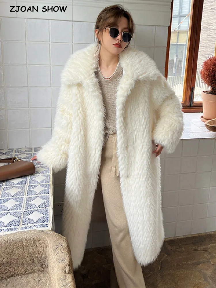 

2022 Winter Lapel Collar Hairy Shaggy Faux Fox Fur Coat Ivory Woman Covered Buttons Fluffy X-Long Jackets Keep Warm Outerwear