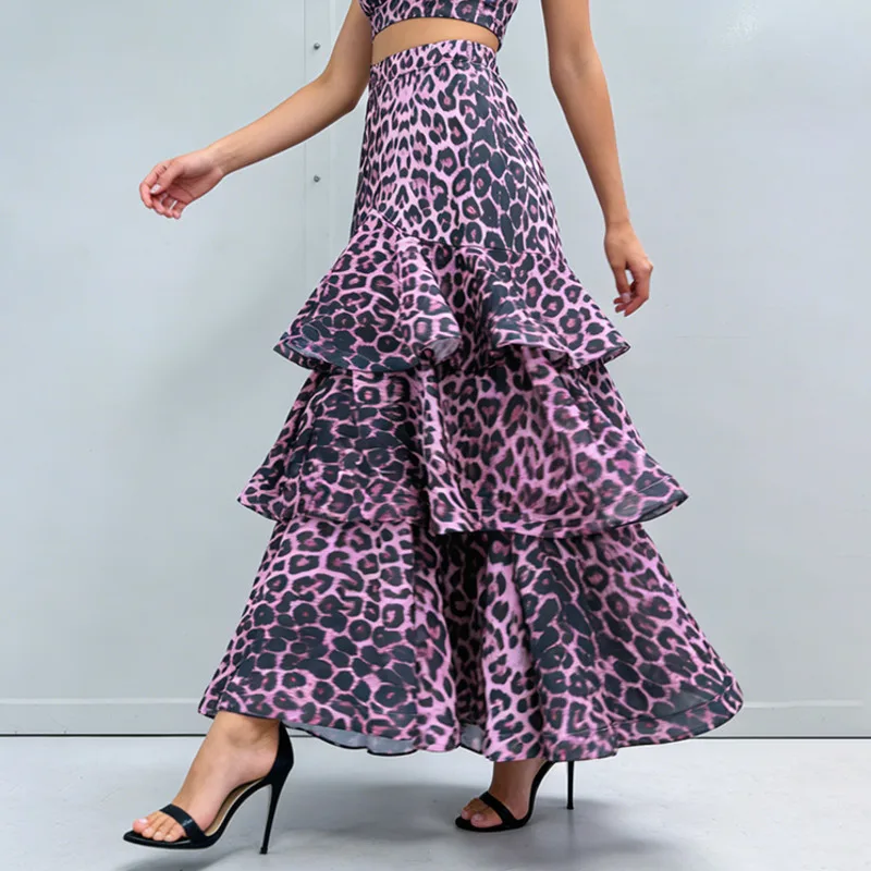 HKSH 2026 Spring Autumn New Women Skirt Leopard Printed Multi-layered Pleated A-line High Street Elegant Chic Ins Skirts HK18497