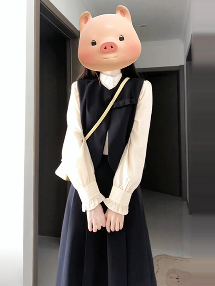 

Корейский комплект: длинная юбка и жилет для студенток, милый комплект А-силуэта из полиэстера, с длинными рукавами, круглым вырезом, для повседневной носки