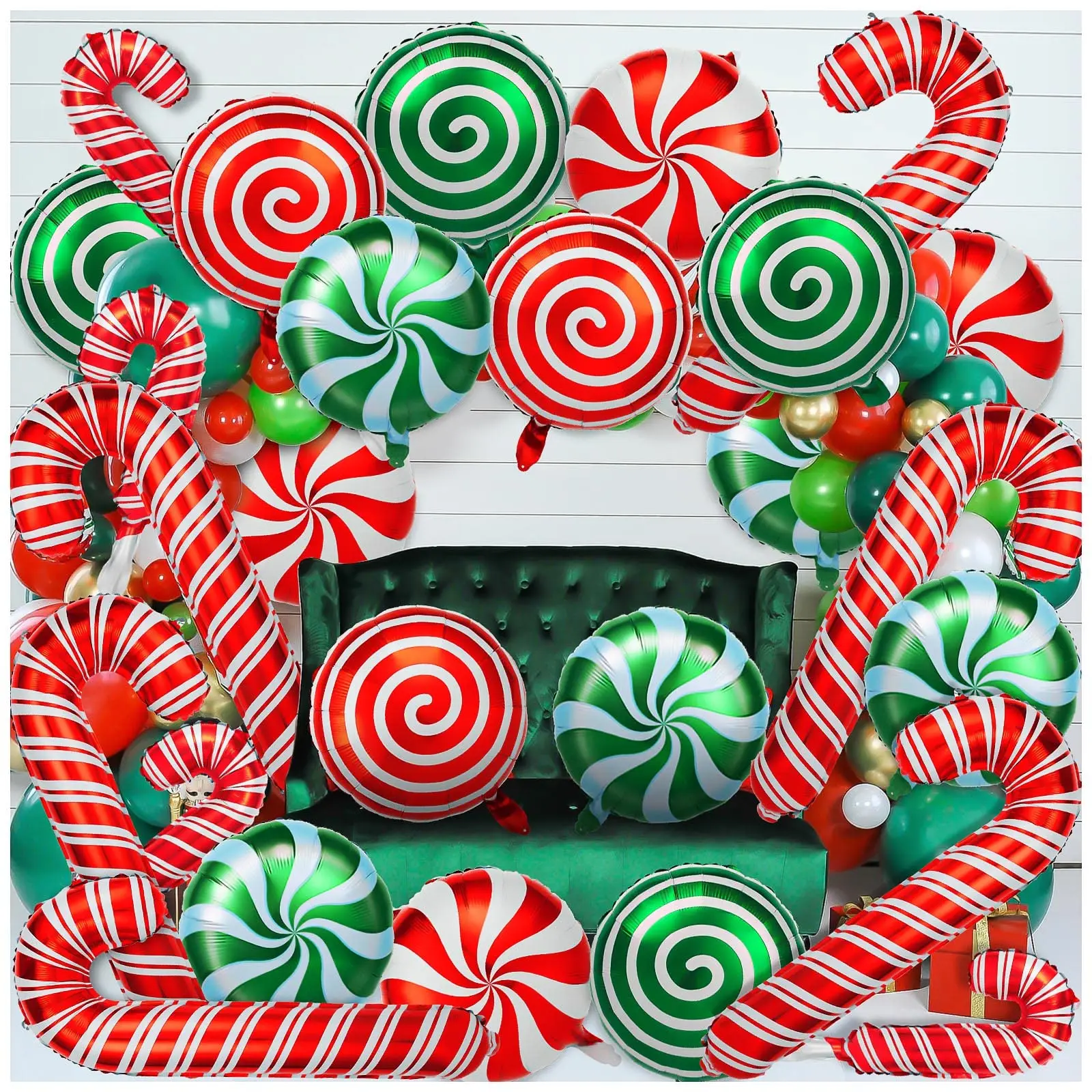 36-teiliges Weihnachts-Süßigkeits-Luftballons-Set, große Zuckerrohr-Wirbel-Süßigkeits-Folienballons, rot-grüne Folie, süße Süßigkeiten, Themenballons – Detail 1