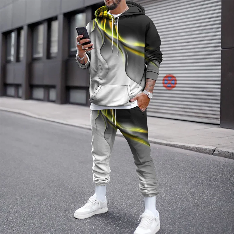 3d Print Hoodie Set Color Stripe Pattern Hoodie Tracksuit Men Clothing Sets Autumn Winter Sweatpants Male Sweatshirt Suit