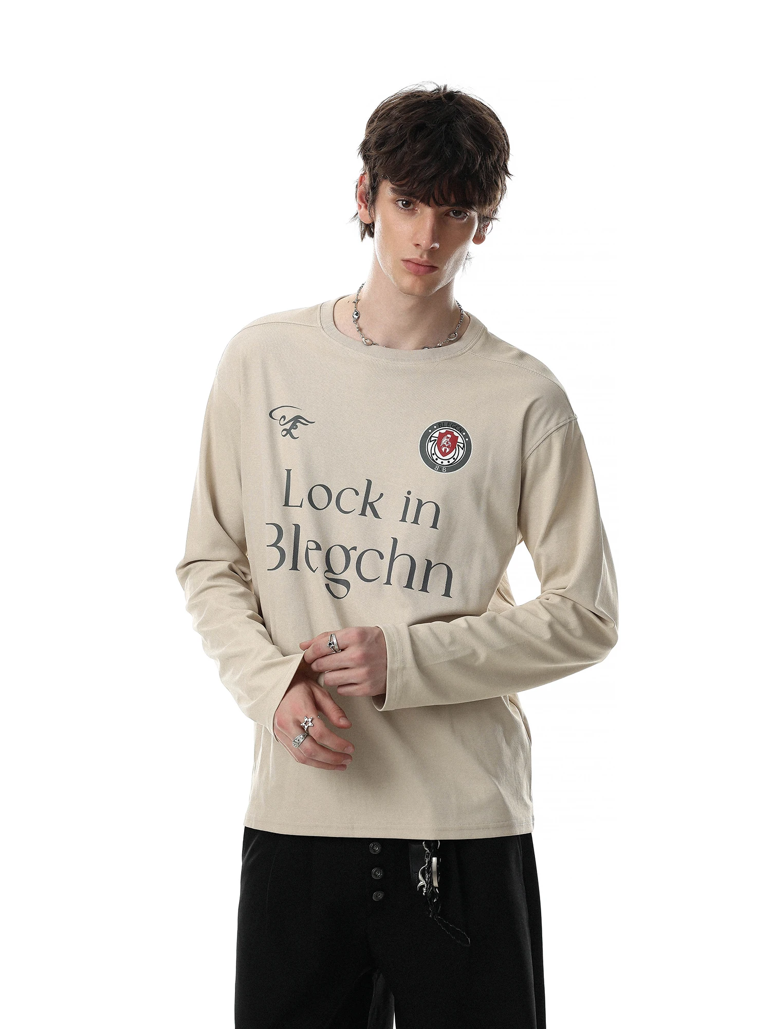 MRNEARLY American High Street Letter Print Long Sleeve T-Shirt Men Loose Trendy Brand Autumn Couple Style round Neck Top