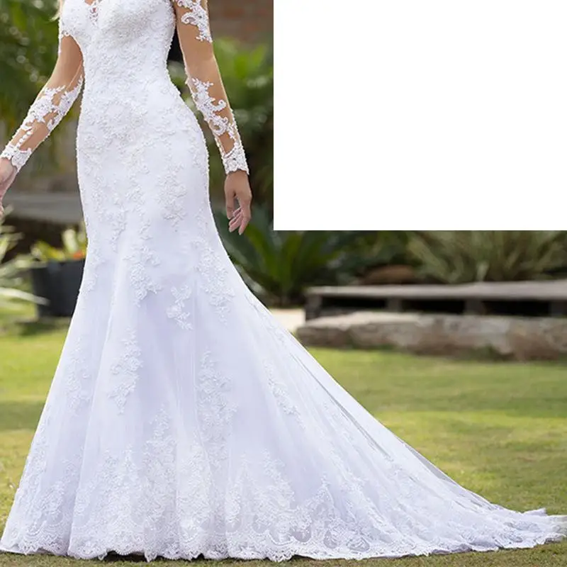 Trouwjurk met lange mouwen Fishtail rok Slim Fit Sexy Kant Backless Bruiloft Banket Engagement Banketjurk Aangepast