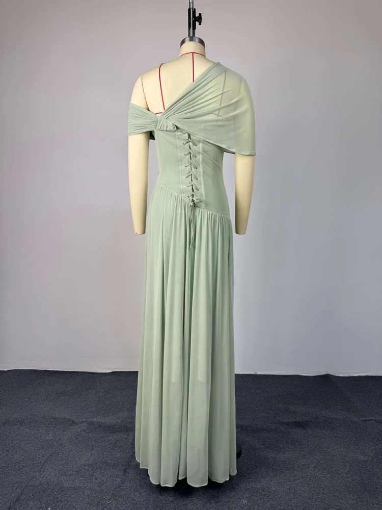 Salbeigrünes Chiffon-Maxikleid für Damen, asymmetrisches, schulterfreies, gerafftes langes Abendkleid, formelles Kleid für Hochzeitsgäste, Brautjungfern und Partys – Detail 10