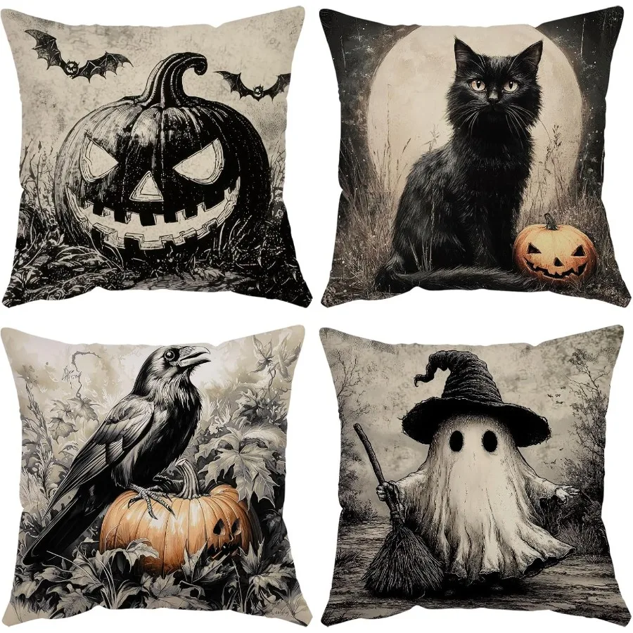 

Neatee Living Halloween Pillow Covers 18x18 Set of 4 Velvet Vintage Pumpkin Ghost Cat Spider Crow Pillow Case Halloween Cushion